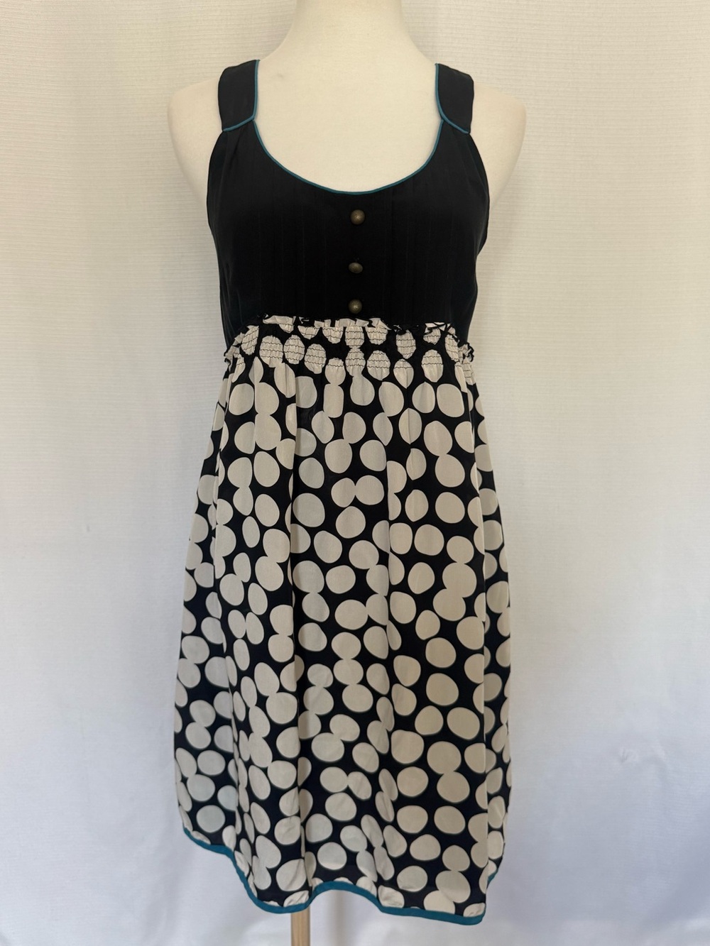 Anthropologie Floreat 100% Silk Black & Ivory Oversized Polka Dot Mini Dress